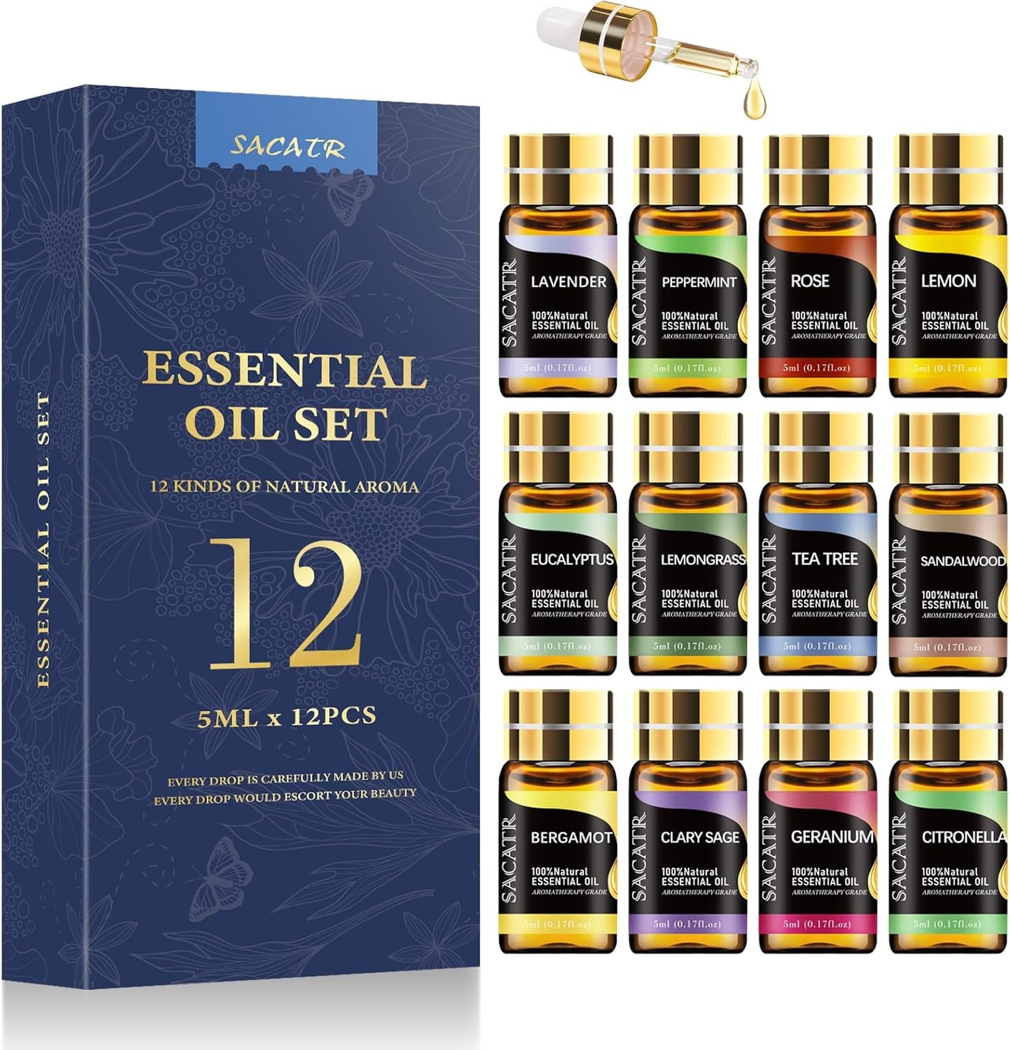 Essential Oils by Natural Essential Oil Set -12 Essential Oils Gift Set for Diffuser, Massage, Fragrance Oil Scent for DIY Candle and Soap Making (12 * 5ML)