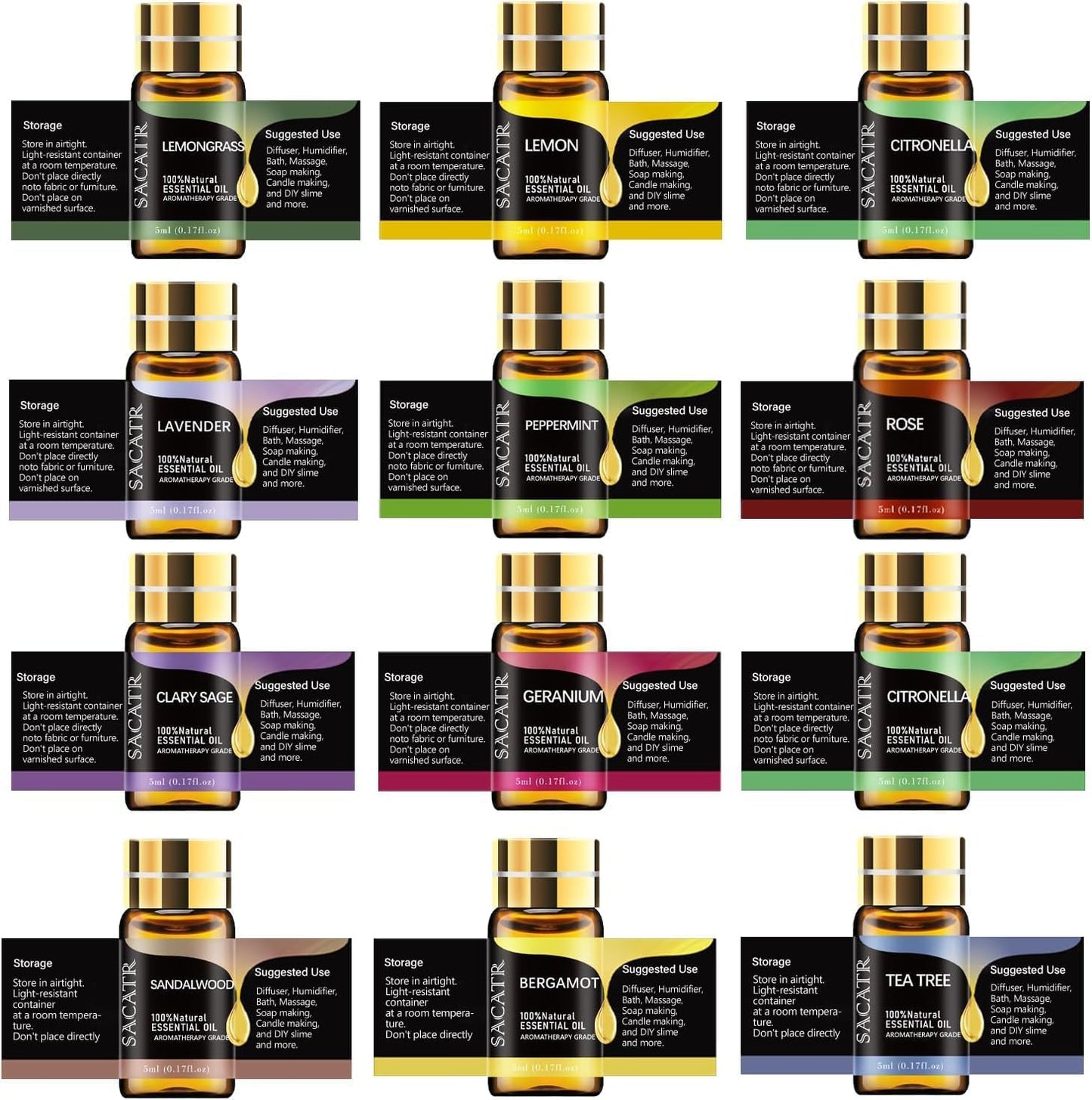 Essential Oils by Natural Essential Oil Set -12 Essential Oils Gift Set for Diffuser, Massage, Fragrance Oil Scent for DIY Candle and Soap Making (12 * 5ML)