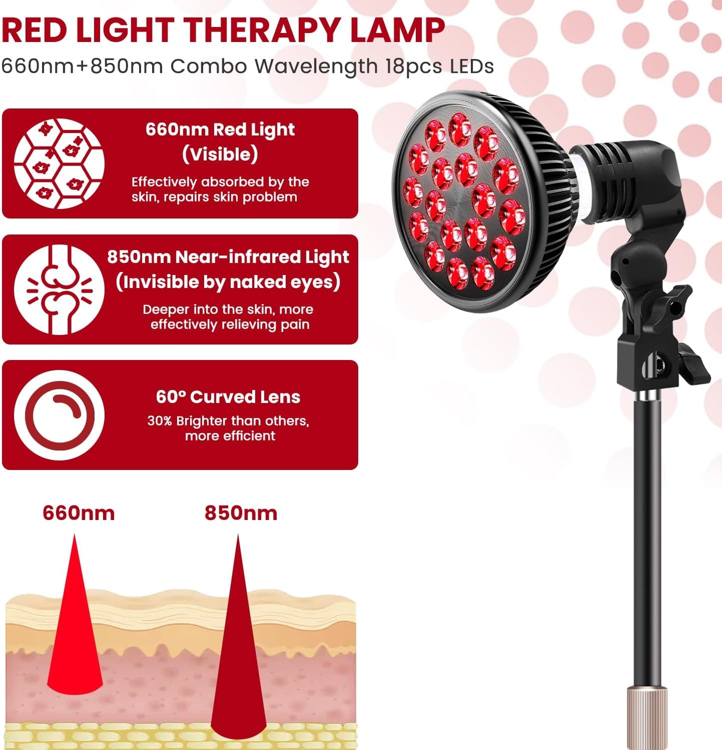 Red Light Therapy Lamp for Face and Body, LED Red Light Therapy Bulb with Adjustable Desk Stand 10In-16.5In, 18 Leds 660Nm Red and 850Nm near Infrared Combo Red Light Therapy Device at Home