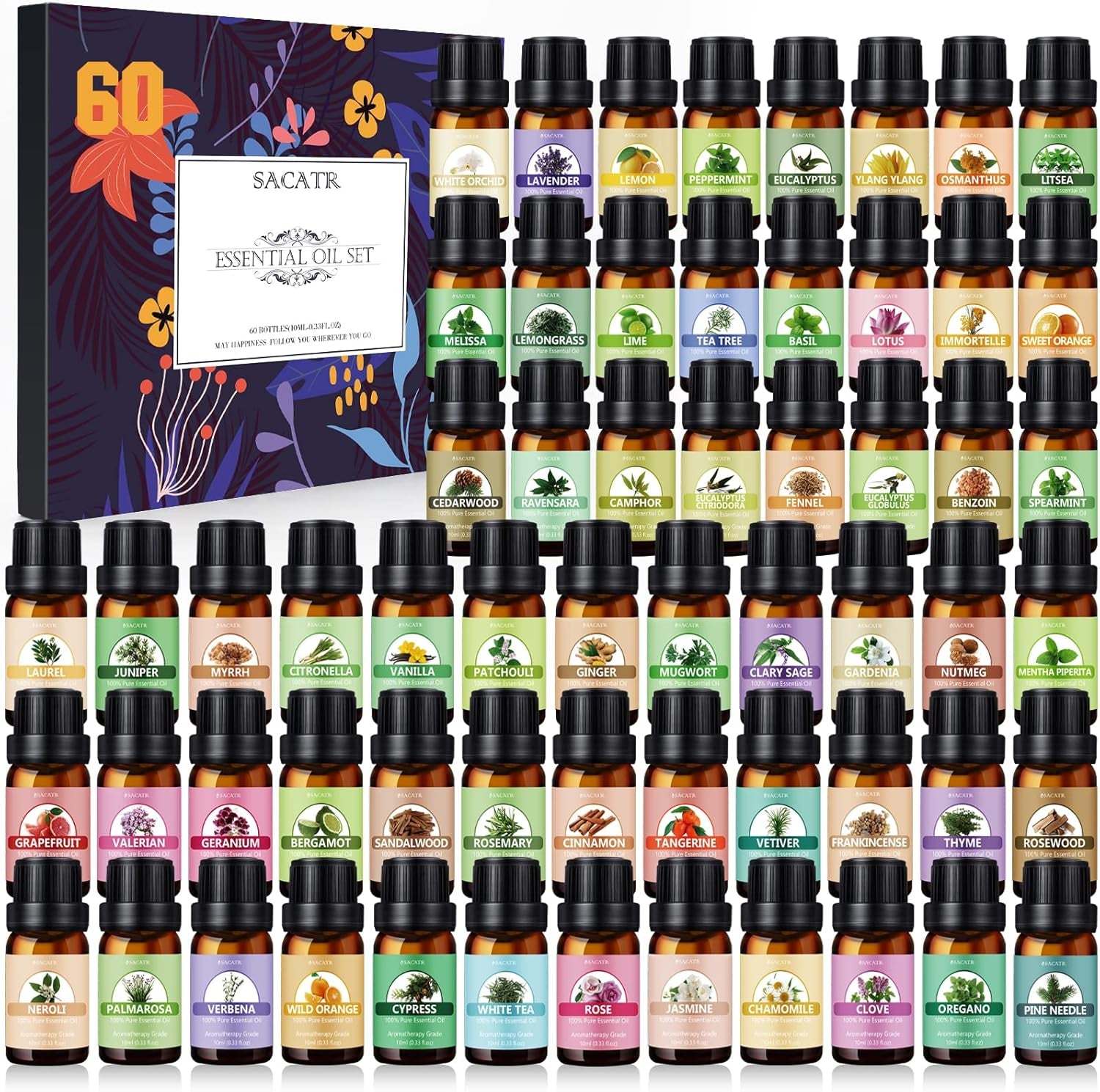 Essential Oil Set - Essential Oils - Pure Essential Oils - Perfect for Diffuser, Massage, Soap, Candle, Bath Bombs Making, 60X10Ml(0.33Fl.Oz)