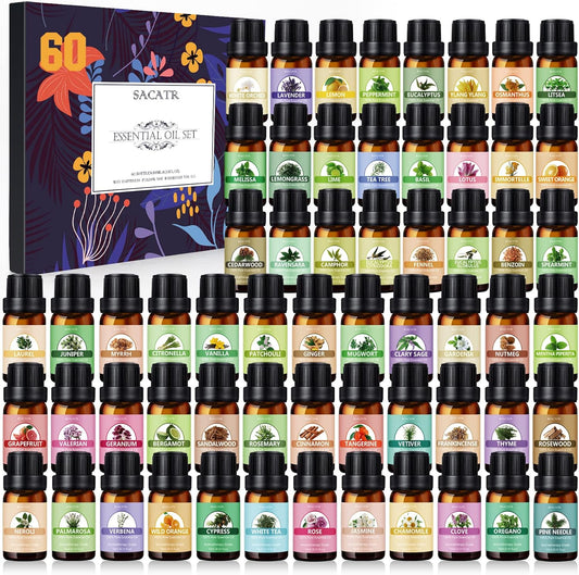 Essential Oil Set - Essential Oils - Pure Essential Oils - Perfect for Diffuser, Massage, Soap, Candle, Bath Bombs Making, 60X10Ml(0.33Fl.Oz)