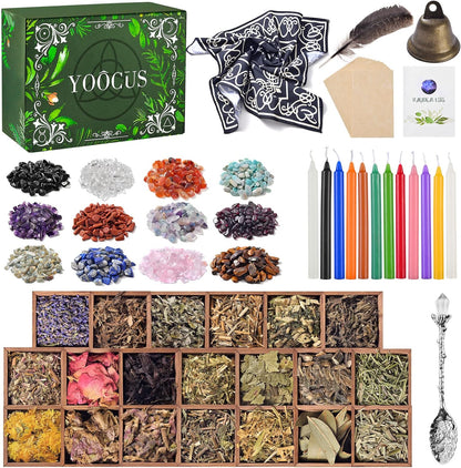 Witchcraft Supplies Kit for Wiccan Spells 69 Packs of Dried Herbs Healing Crystals and Colored Magic Spiritual Candles Parchments for Beginners Experienced Witches Pagan Spell Witchy Gifts Altar