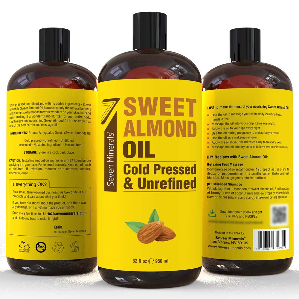 , Pure Cold Pressed Sweet Almond Oil - Big 32 Fl Oz Bottle - Unrefined &100% Natural - for Skin & Hair, with No Added Ingredients - Perfect Carrier Oil for Essential Oils