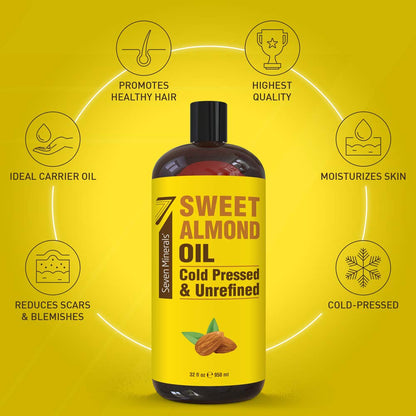 , Pure Cold Pressed Sweet Almond Oil - Big 32 Fl Oz Bottle - Unrefined &100% Natural - for Skin & Hair, with No Added Ingredients - Perfect Carrier Oil for Essential Oils