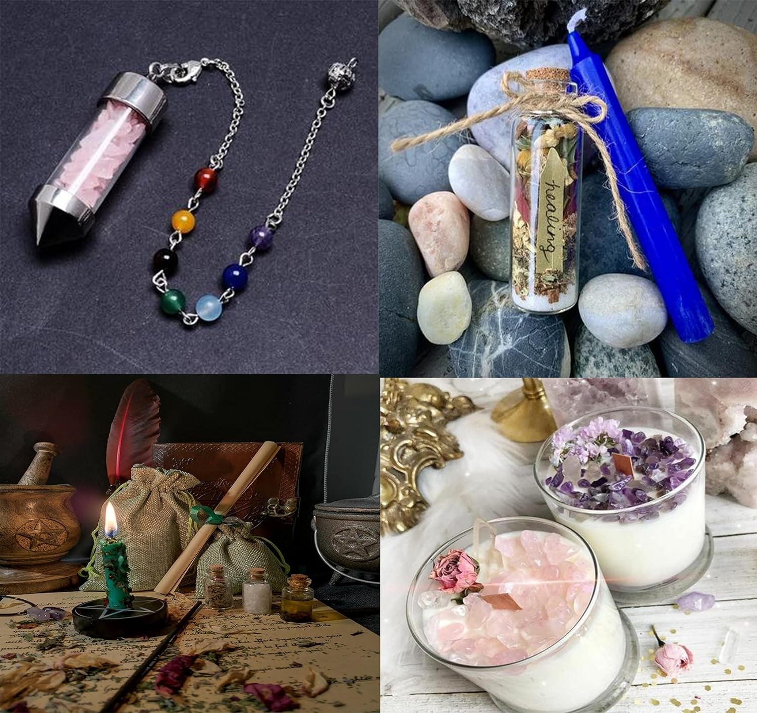 Witchcraft Supplies Kit for Wiccan Spells 69 Packs of Dried Herbs Healing Crystals and Colored Magic Spiritual Candles Parchments for Beginners Experienced Witches Pagan Spell Witchy Gifts Altar