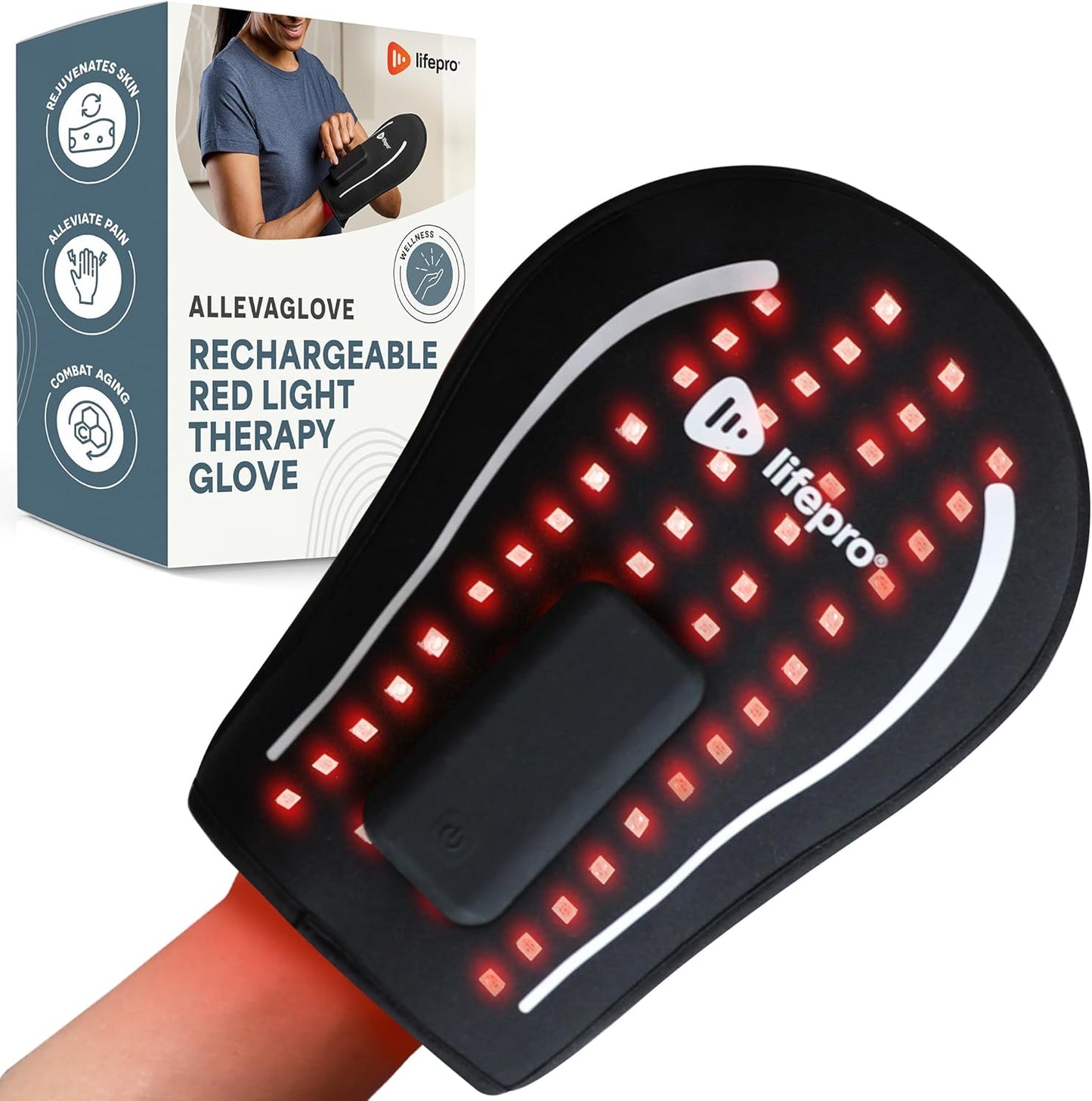 Allevaglove Red Light Therapy Glove - Rechargeable LED near Infrared Light Therapy Hand Stiffness Glove - Red Light Therapy at Home - Red Light Therapy Device Glove or Light Therapy Products