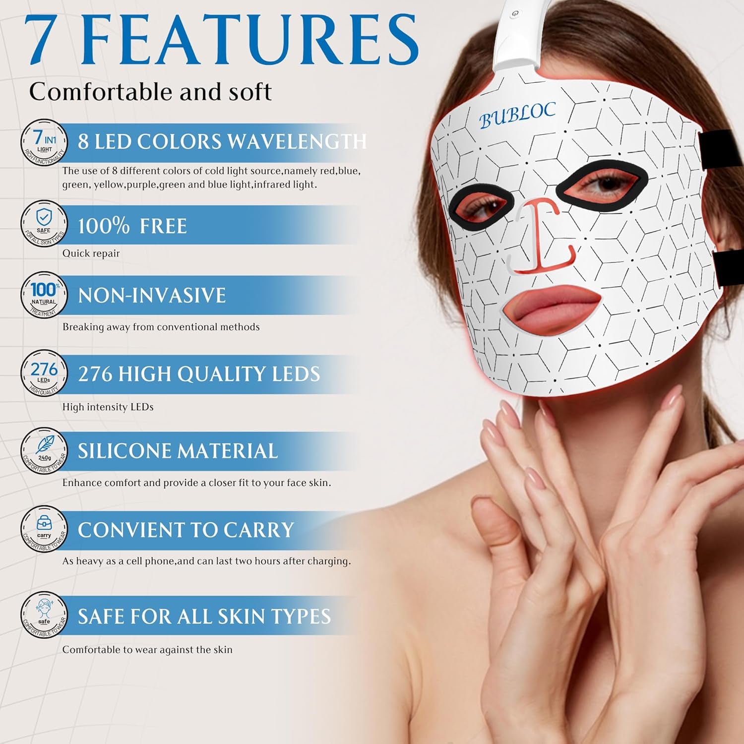 Red Light Therapy Mask, Led Contour Face Mask Light Therapy, 7 Color Red Light Face Mask Portable and Rechargeable, Red Light Therapy at Home and Wireless Led Face Mask[Bmask]