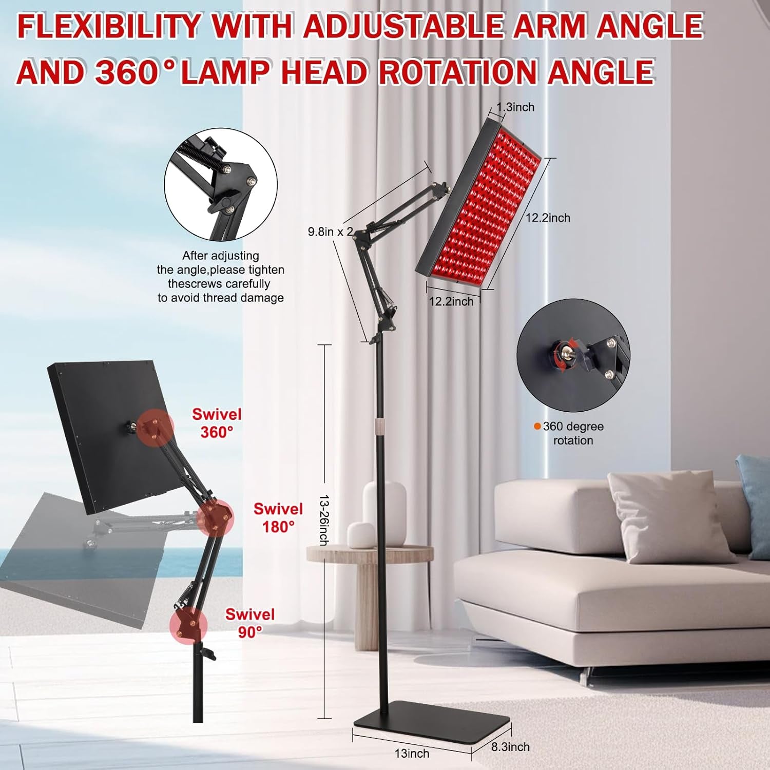 12.2" Squard Red Light Therapy for Face and Body, Adjustable Height Stand, 660Nm Red Light Therapy & 850Nm Infrared Light Therapy Device, Skin