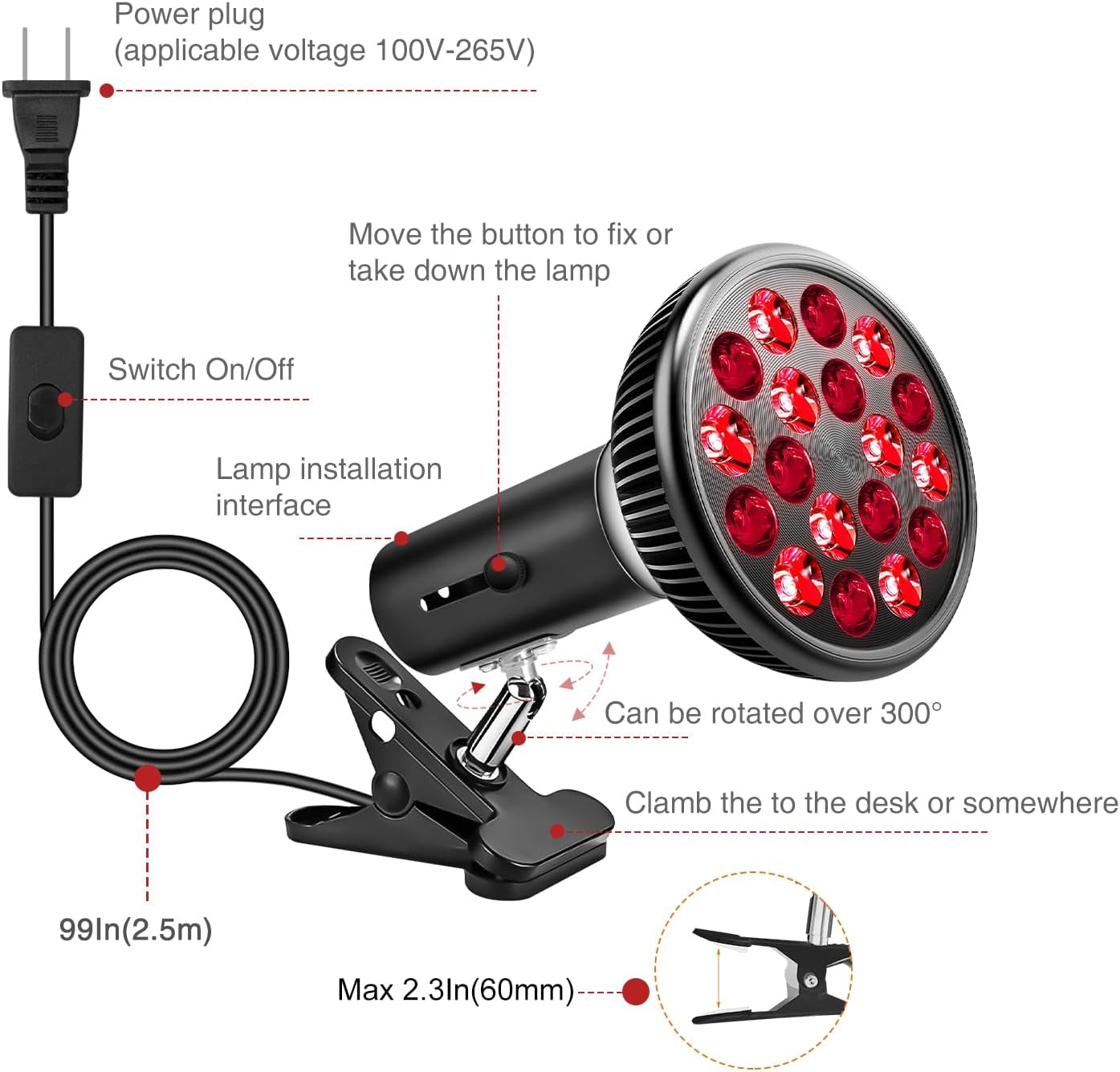 Red Light Therapy with Clip, Infrared Light Therapy Lamp for Body and Face Use, 660Nm Red and 850Nm near Infrared Red Light Therapy Lamp, Red Light Therapy Device with Adjustable Socket