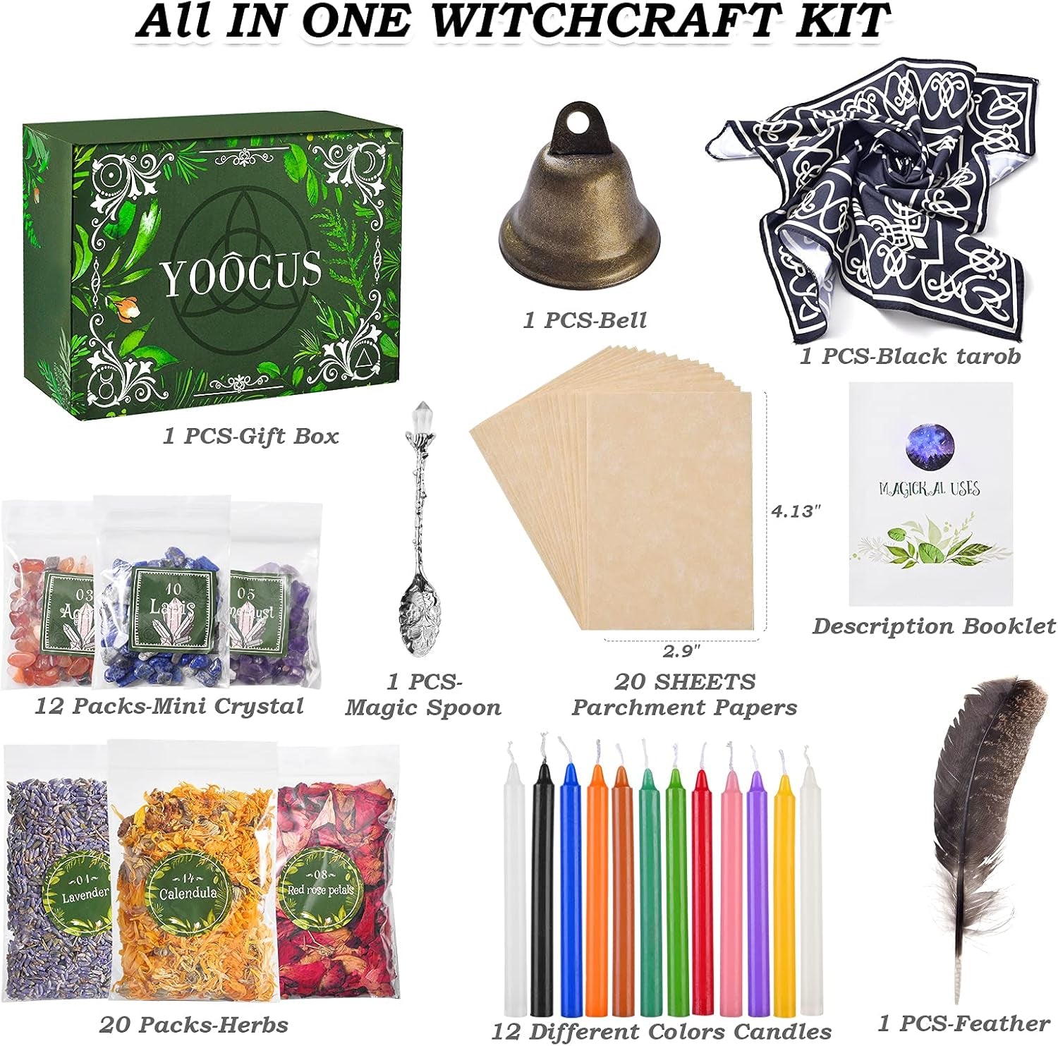 Witchcraft Supplies Kit for Wiccan Spells 69 Packs of Dried Herbs Healing Crystals and Colored Magic Spiritual Candles Parchments for Beginners Experienced Witches Pagan Spell Witchy Gifts Altar