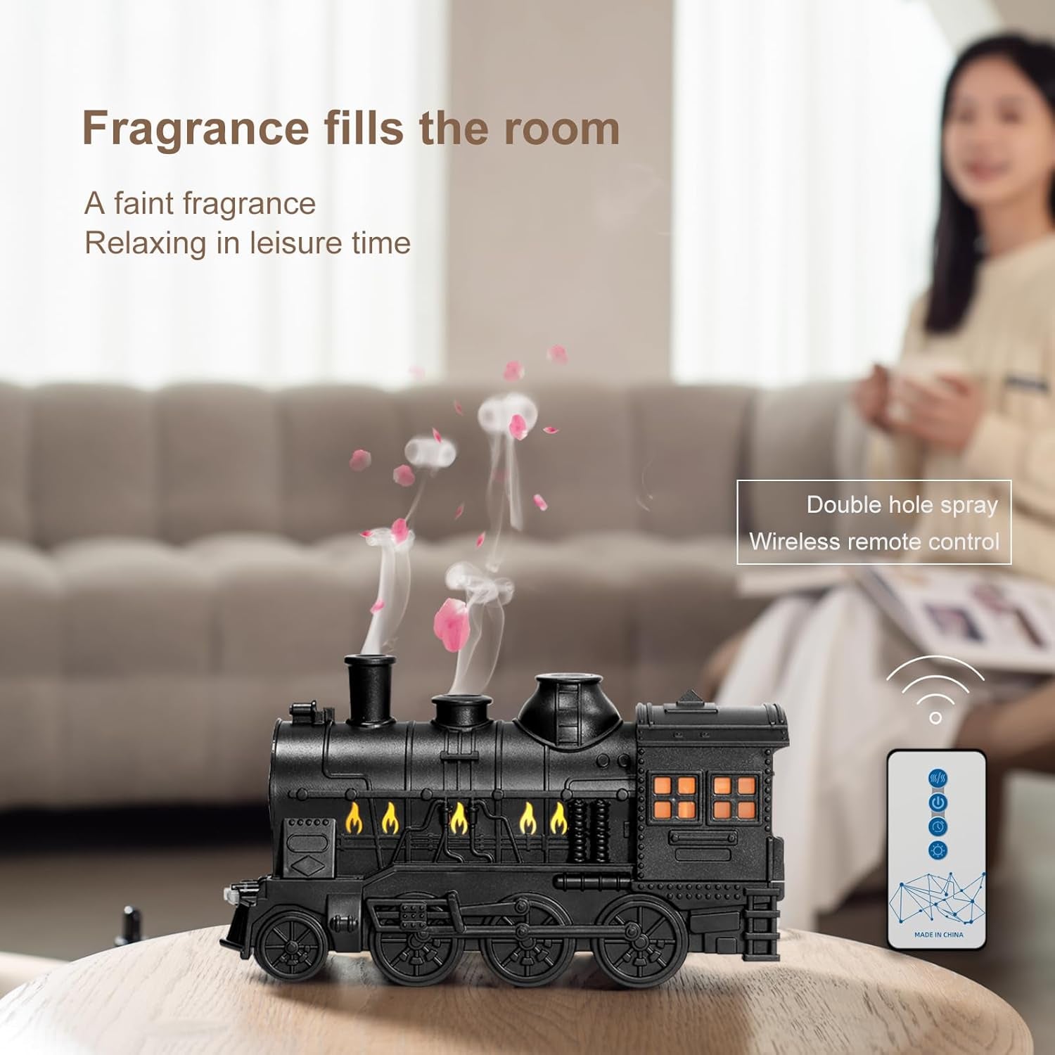 Train Diffuser 300Ml, Aromatherapy Diffuser Cool Mist Ultrasonic Aroma Train Diffuser with Remote Control 2 Light 2 Mist Mode Auto Shut-Off for Bedroom Office Hotel(Black)