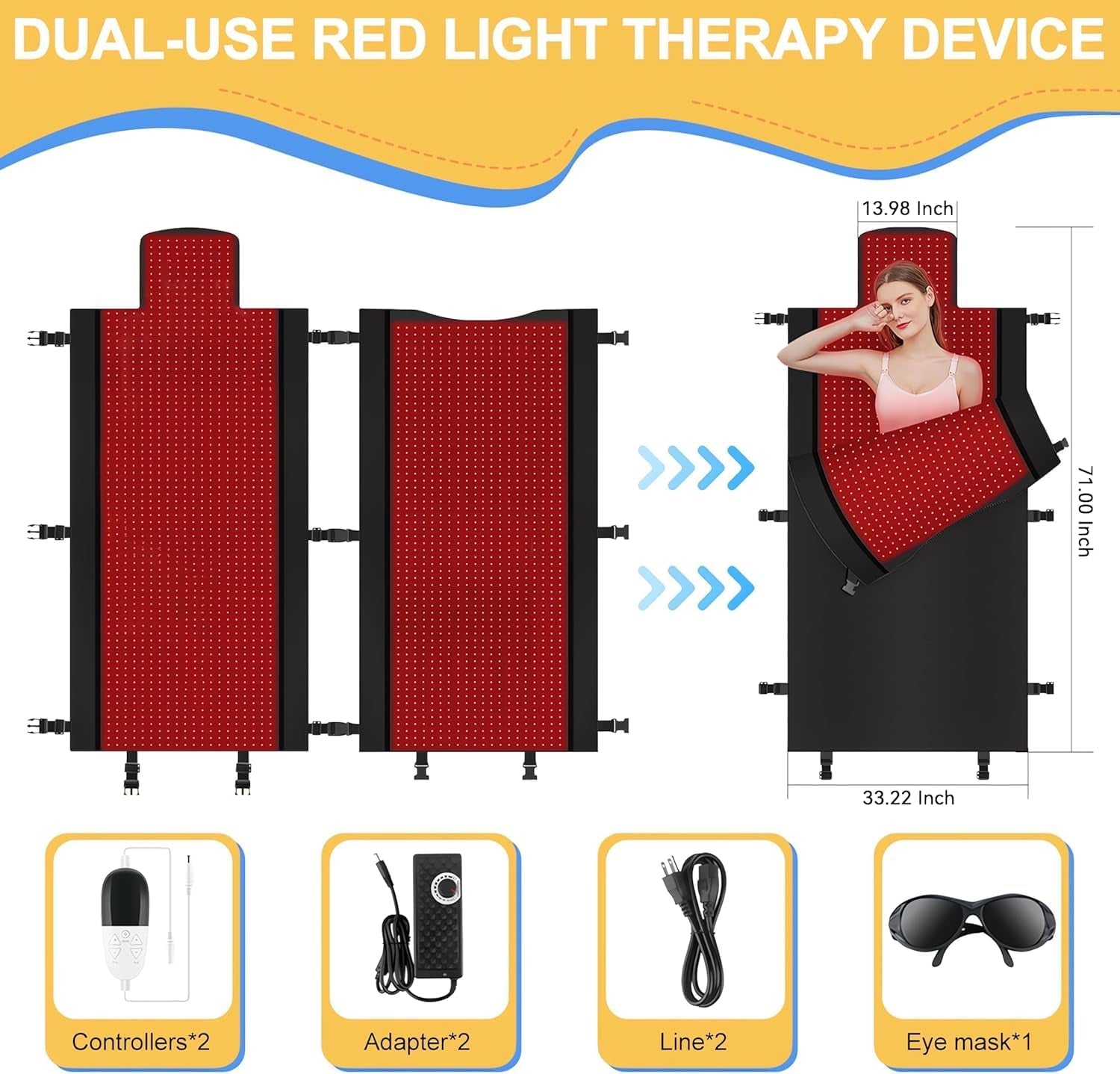 2024 New 3100Pcs Dual Wavelength LED Beads 660Nm&850Nm Red Light Therapy Mat Full Body Used to Relieve Pain 71''X 33''（Black）