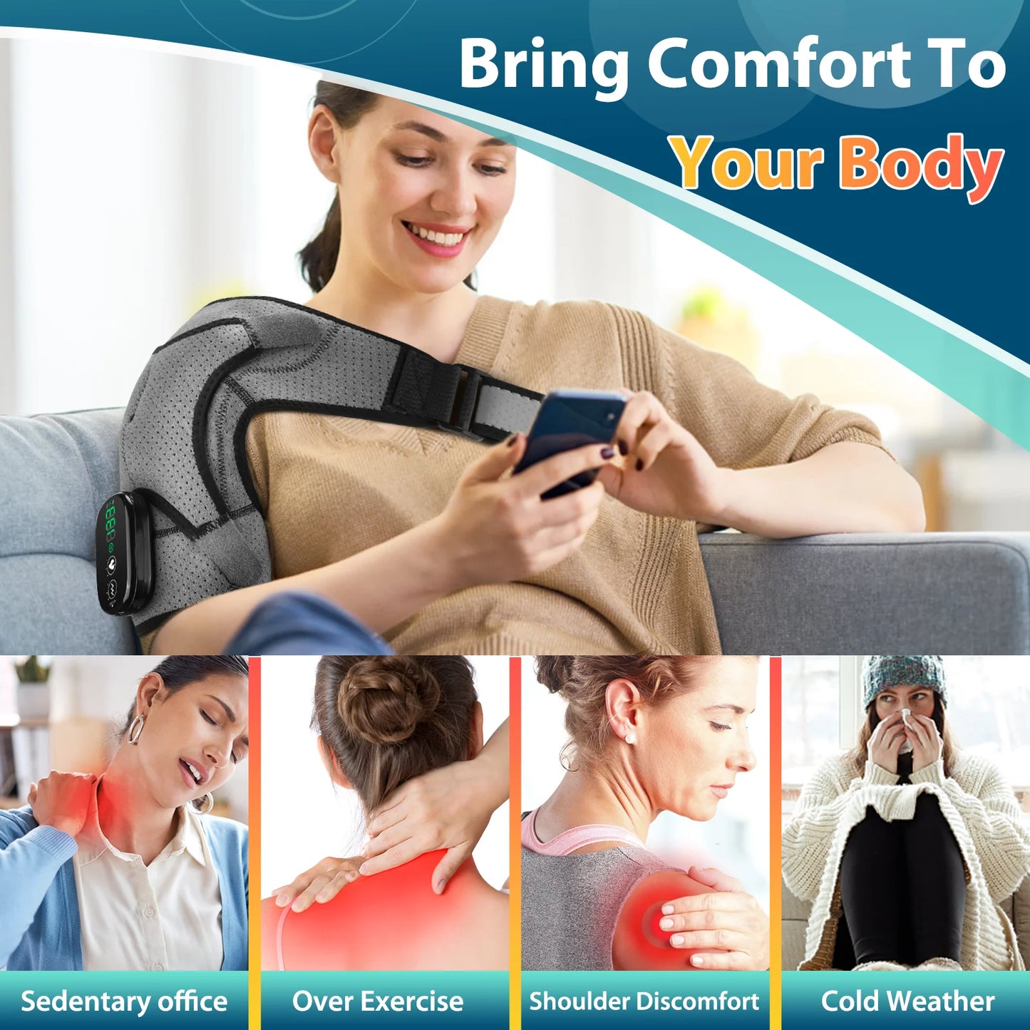 Cordless Heated Shoulder Brace, Shoulder Massager Heating Pads for Rotator Cuff Upper Arm Muscle Stress Relief 3 Heating and Vibrati Men Women Heated Wrap